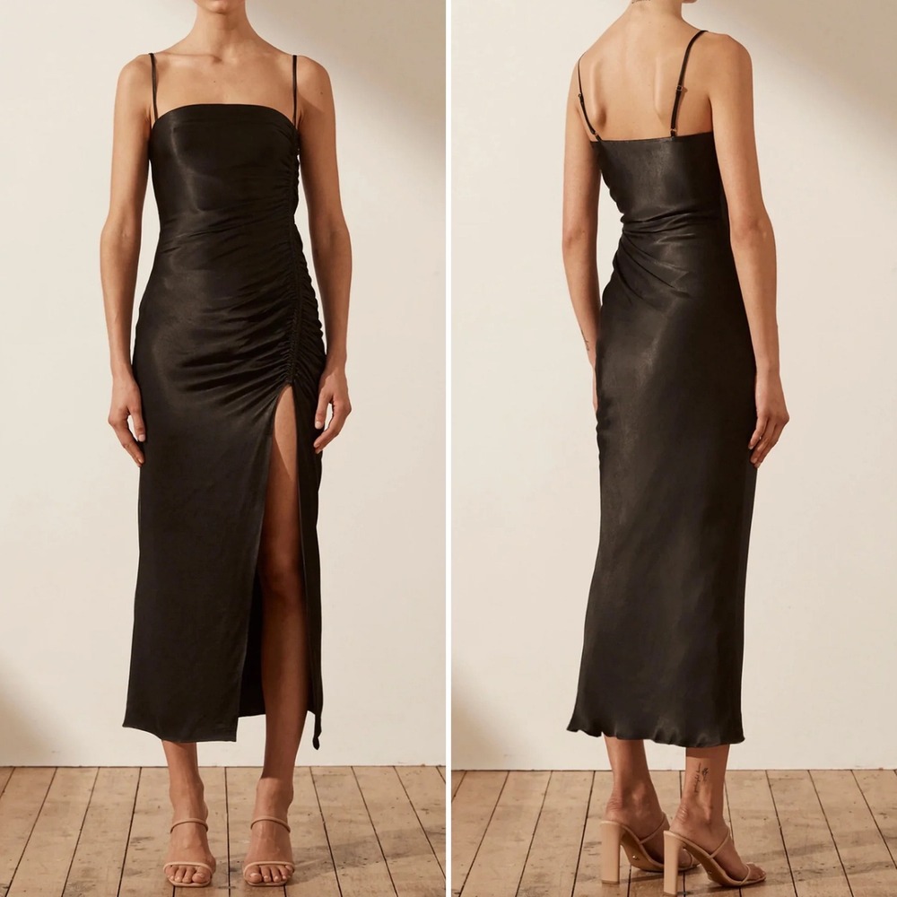 NWT Shona Joy Thalia Bias Ruched Midi Dress Black Satin Slinky Size 10 Chic Sexy